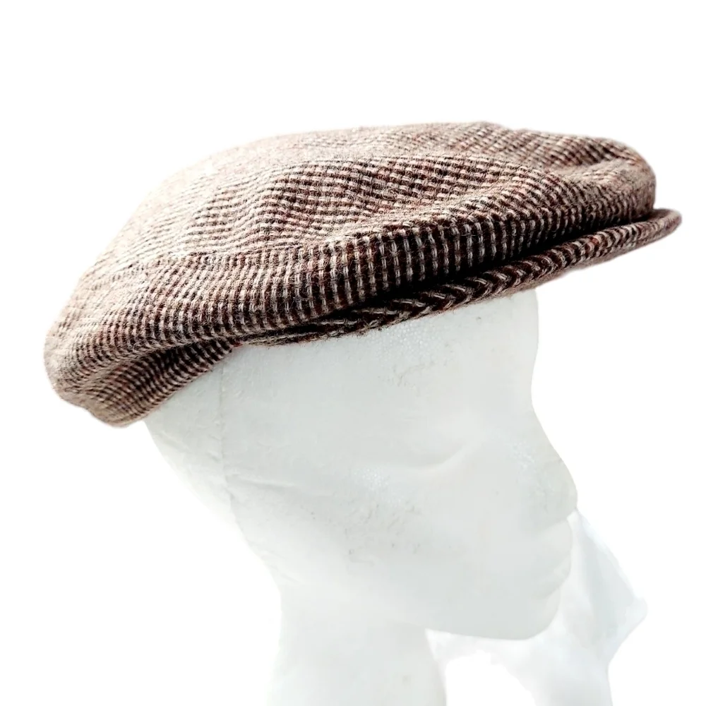 VTG Duckbill Newsboy Hat Wool Brown Herringbone Cap Cabbie Medium Made in USA
